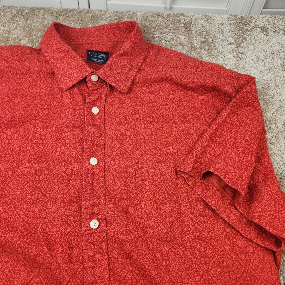 UNTUCKit Mens XL Red Paisley Linen Cotton Short Sleeve Button Down Shirt